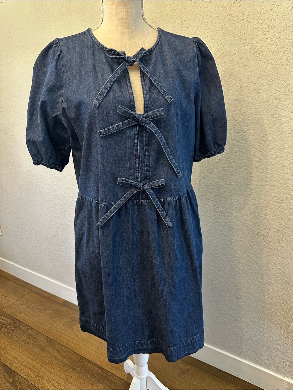 LOFT Denim Tie-Front Puff Sleeve Dress in Dark Blue